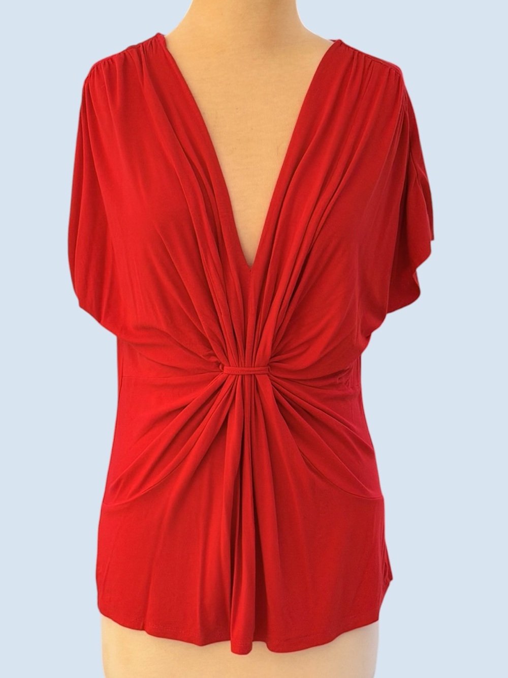 Parkhurst Red Front Ruched Plunging V-Neck Short Sleeve Top ~ Women’s Medium